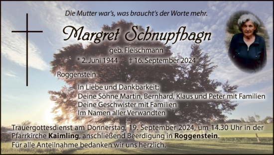 Traueranzeige von Margret Schnupfhagn von Hauptausgabe Weiden