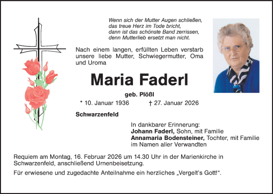 Traueranzeige von Maria Faderl von Landkreis Schwandorf