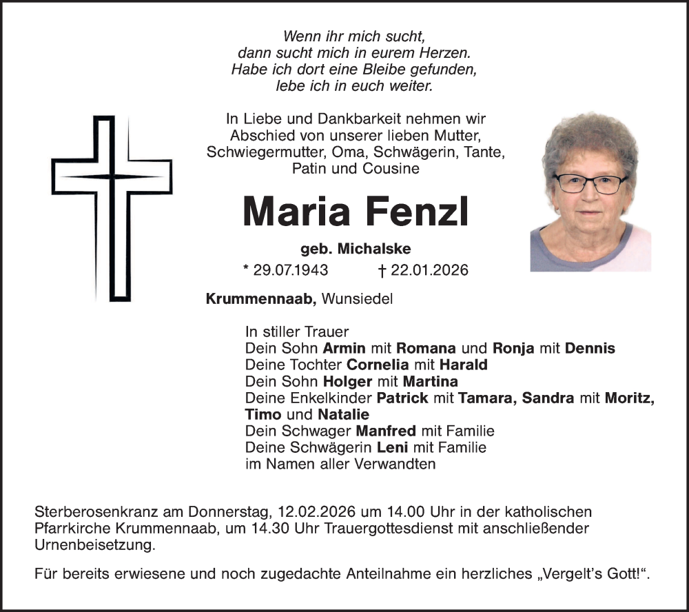  Traueranzeige für Maria Fenzl vom 07.02.2026 aus Hauptausgabe Weiden