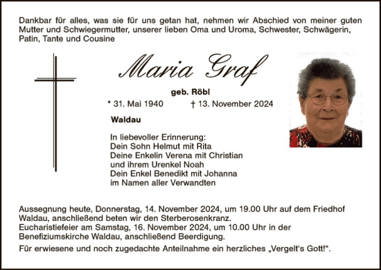 Traueranzeige von Maria Graf von Landkreis Schwandorf und Vohenstrauß