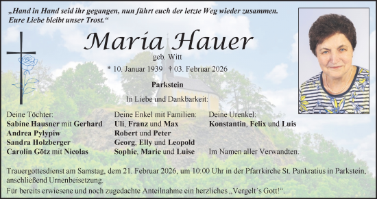 Traueranzeige von Maria Hauer von Hauptausgabe Weiden