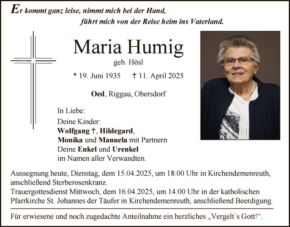  Traueranzeige für Maria Humig vom 15.04.2025 aus Hauptausgabe Weiden