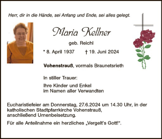 Traueranzeige von Maria Kellner von Landkreis Schwandorf und Vohenstrauß