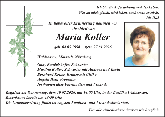 Traueranzeige von Maria Koller von Tirschenreuth + Eschenbach - Kemnath - Erbendorf