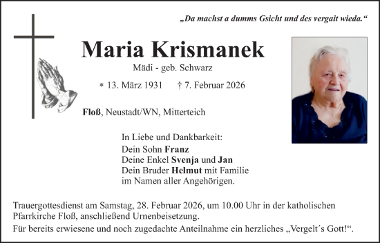 Traueranzeige von Maria Krismanek von Hauptausgabe Weiden