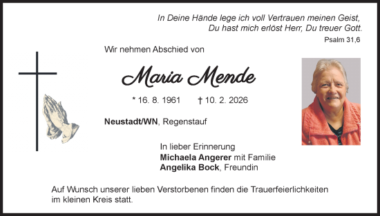 Traueranzeige von Maria Mende von Hauptausgabe Weiden