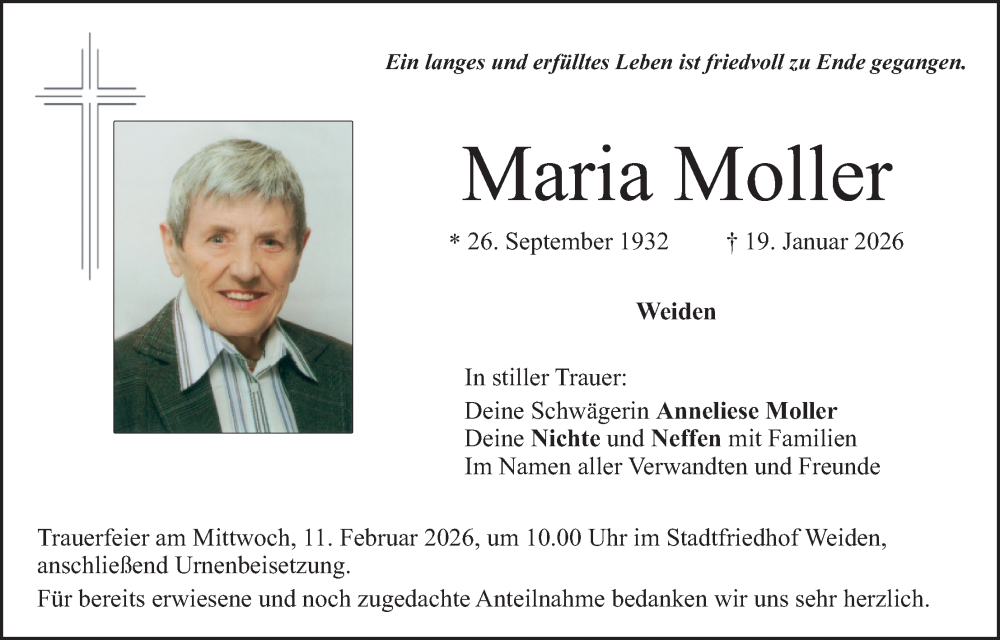  Traueranzeige für Maria Moller vom 07.02.2026 aus Hauptausgabe Weiden