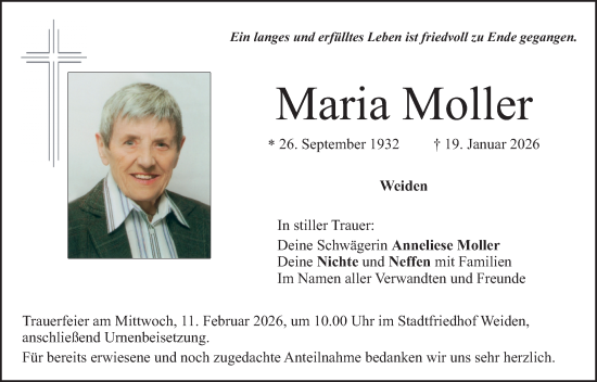 Traueranzeige von Maria Moller von Hauptausgabe Weiden