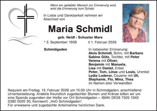 Traueranzeige von Maria Schmidl von Landkreis Schwandorf