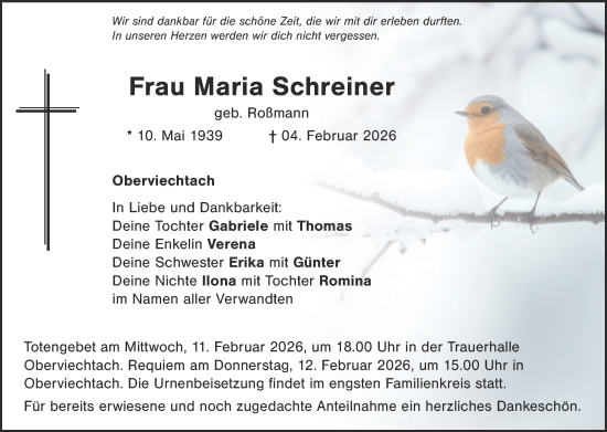 Traueranzeige von Maria Schreiner von Landkreis Schwandorf