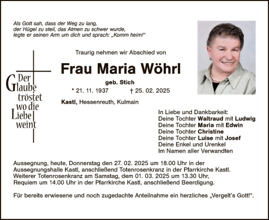 Traueranzeige von Maria Wöhrl von Tirschenreuth + Eschenbach - Kemnath - Erbendorf