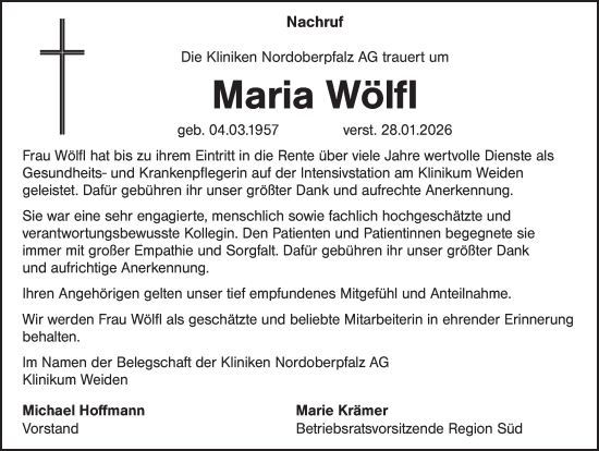 Traueranzeige von Maria Wölfl von Hauptausgabe Weiden