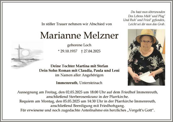 Traueranzeige von Marianne Melzner von Tirschenreuth + Eschenbach - Kemnath - Erbendorf