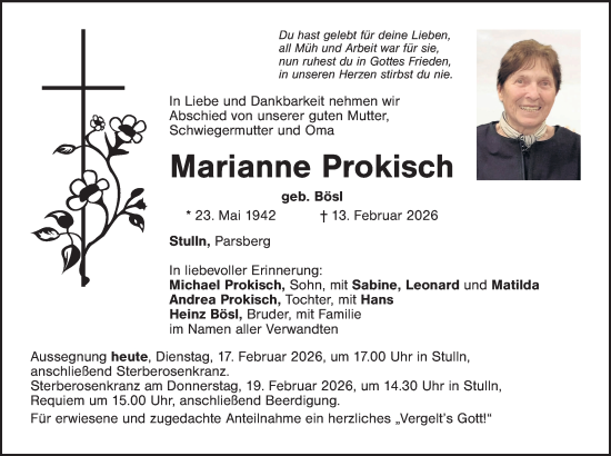 Traueranzeige von Marianne Prokisch von Amberger Zeitung / Sulzbach - Rosenberger Zeitung + Landkreis Schwandorf