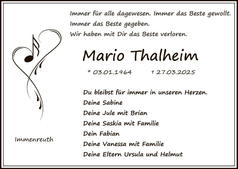  Traueranzeige für Mario Thalheim vom 09.04.2025 aus Tirschenreuth + Eschenbach - Kemnath - Erbendorf