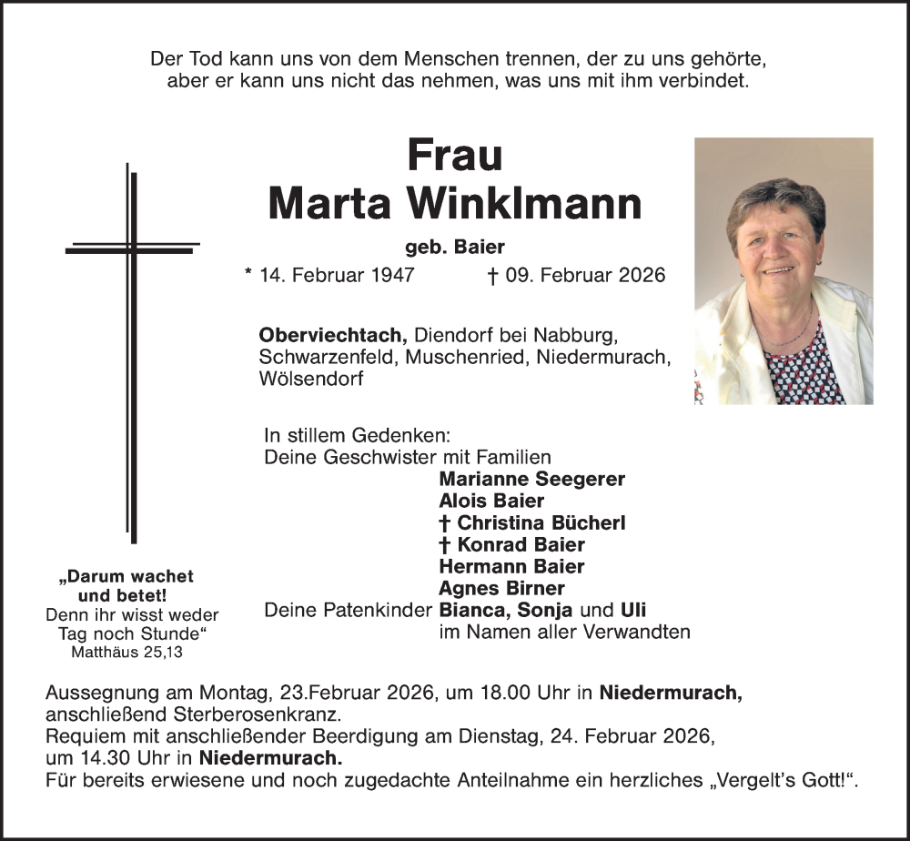  Traueranzeige für Marta Winklmann vom 20.02.2026 aus Landkreis Schwandorf
