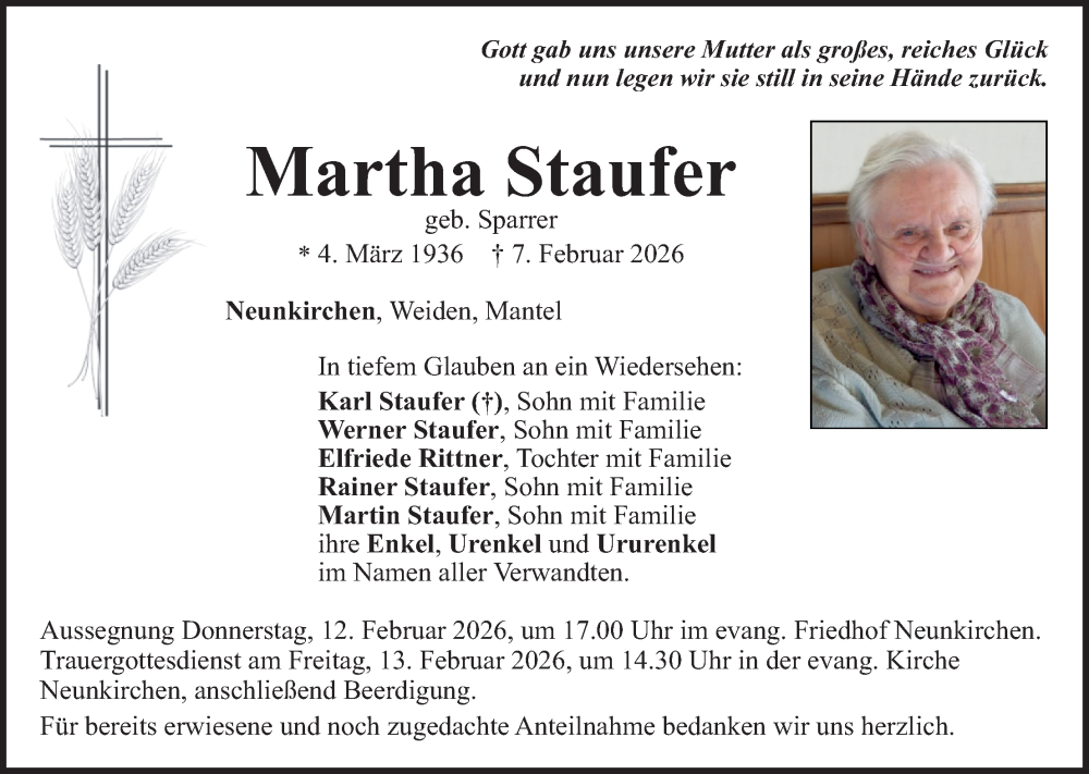  Traueranzeige für Martha Staufer vom 11.02.2026 aus Hauptausgabe Weiden