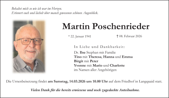 Traueranzeige von Martin Poschenrieder von Hauptausgabe Amberg