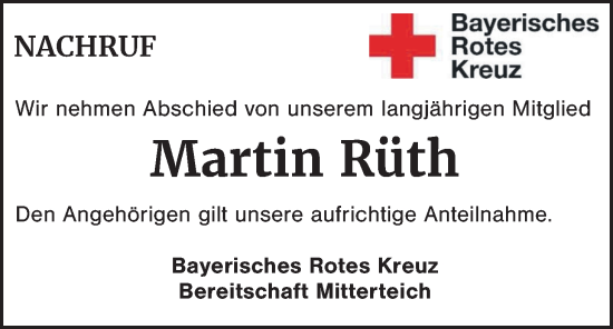 Traueranzeige von Martin Rüth von Tirschenreuth + Eschenbach - Kemnath - Erbendorf