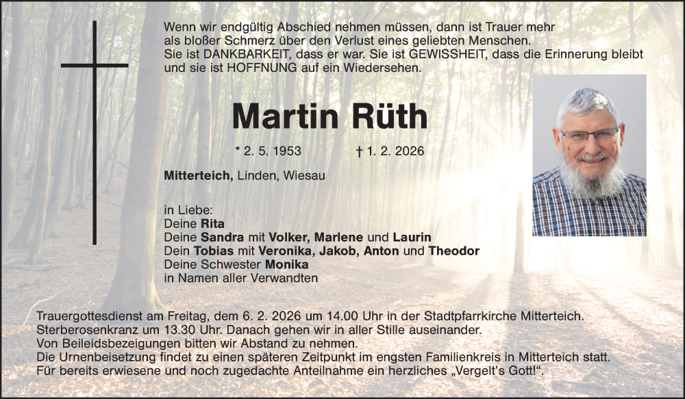  Traueranzeige für Martin Rüth vom 04.02.2026 aus Tirschenreuth + Eschenbach - Kemnath - Erbendorf