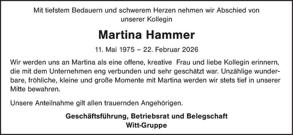  Traueranzeige für Martina Hammer vom 28.02.2026 aus Hauptausgabe Weiden