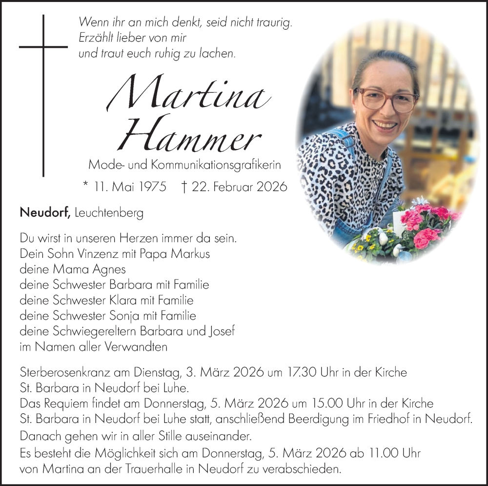  Traueranzeige für Martina Hammer vom 28.02.2026 aus Hauptausgabe Weiden