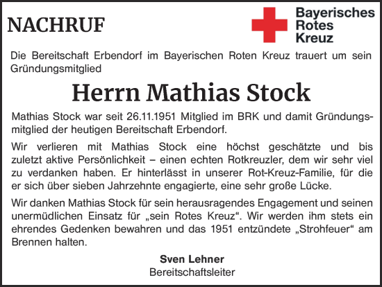 Traueranzeige von Mathias Stock von Tirschenreuth + Eschenbach - Kemnath - Erbendorf