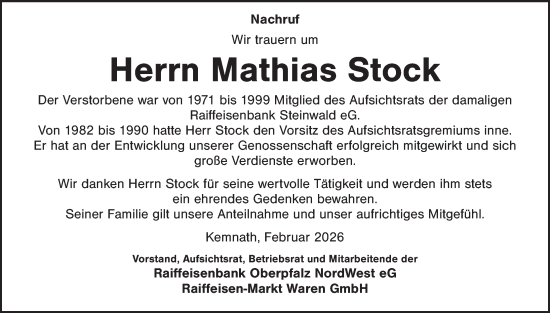 Traueranzeige von Mathias Stock von Tirschenreuth + Eschenbach - Kemnath - Erbendorf
