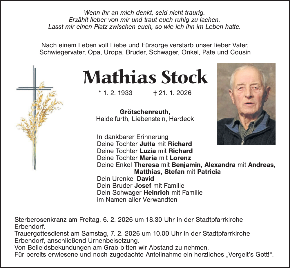  Traueranzeige für Mathias Stock vom 04.02.2026 aus Tirschenreuth + Eschenbach - Kemnath - Erbendorf