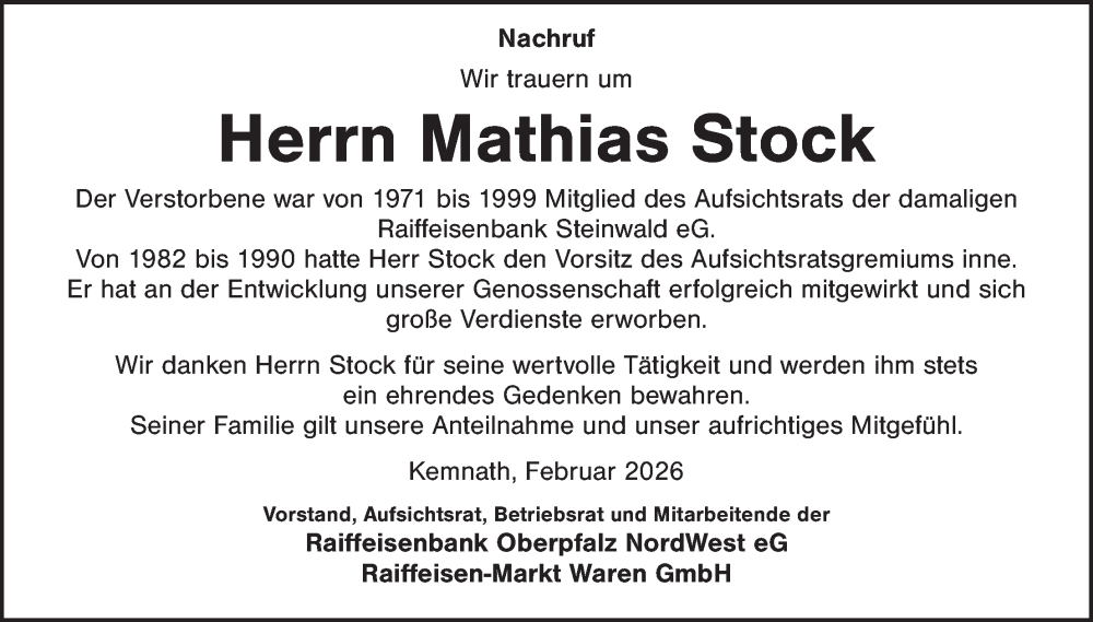  Traueranzeige für Mathias Stock vom 04.02.2026 aus Tirschenreuth + Eschenbach - Kemnath - Erbendorf