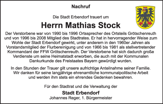 Traueranzeige von Mathias Stock von Eschenbach - Kemnath - Erbendorf