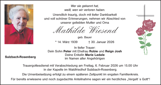 Traueranzeige von Mathilde Wiesend von Hauptausgabe Amberg