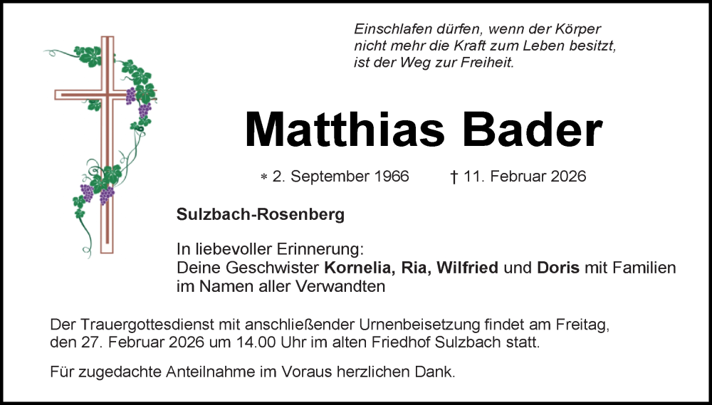  Traueranzeige für Matthias Bader vom 21.02.2026 aus Hauptausgabe Amberg