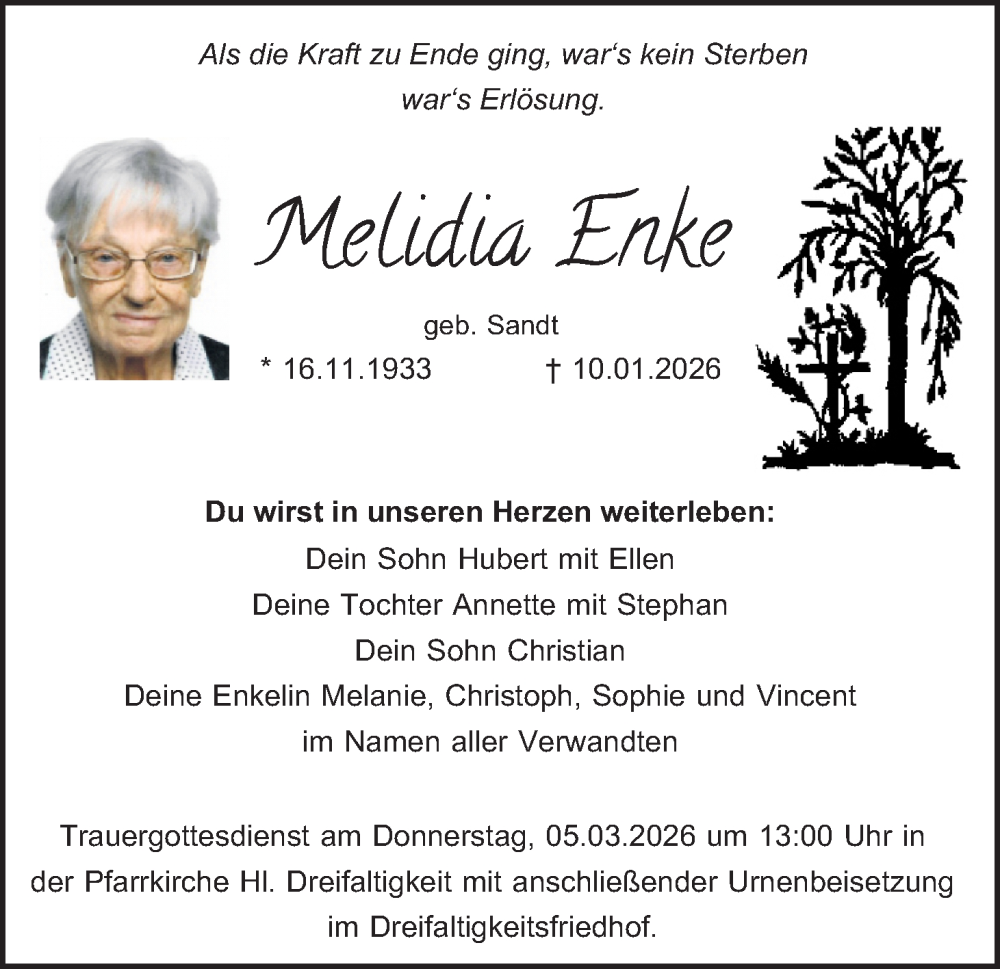  Traueranzeige für Melidia Enke vom 28.02.2026 aus Hauptausgabe Amberg