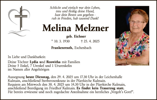 Traueranzeige von Melina Melzner von Tirschenreuth + Eschenbach - Kemnath - Erbendorf
