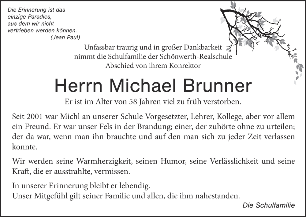  Traueranzeige für Michael Brunner vom 21.02.2026 aus Hauptausgabe Amberg