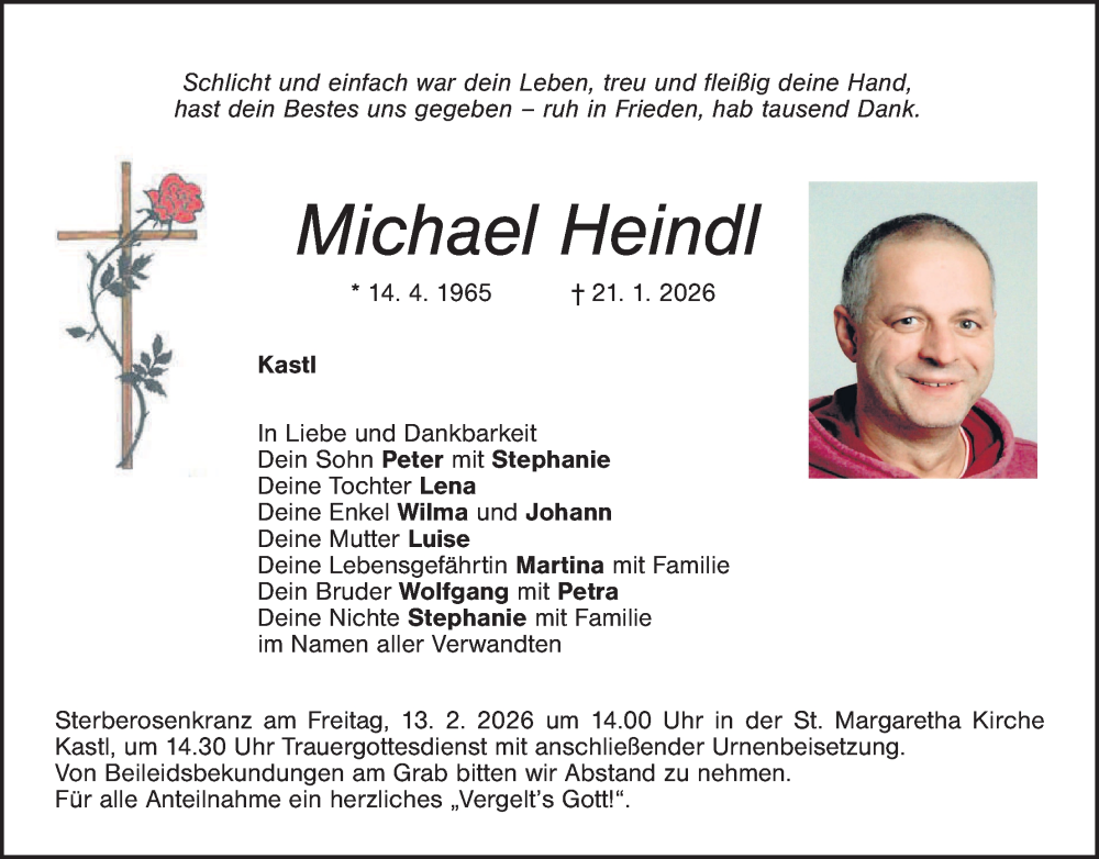  Traueranzeige für Michael Heindl vom 07.02.2026 aus Tirschenreuth + Eschenbach - Kemnath - Erbendorf