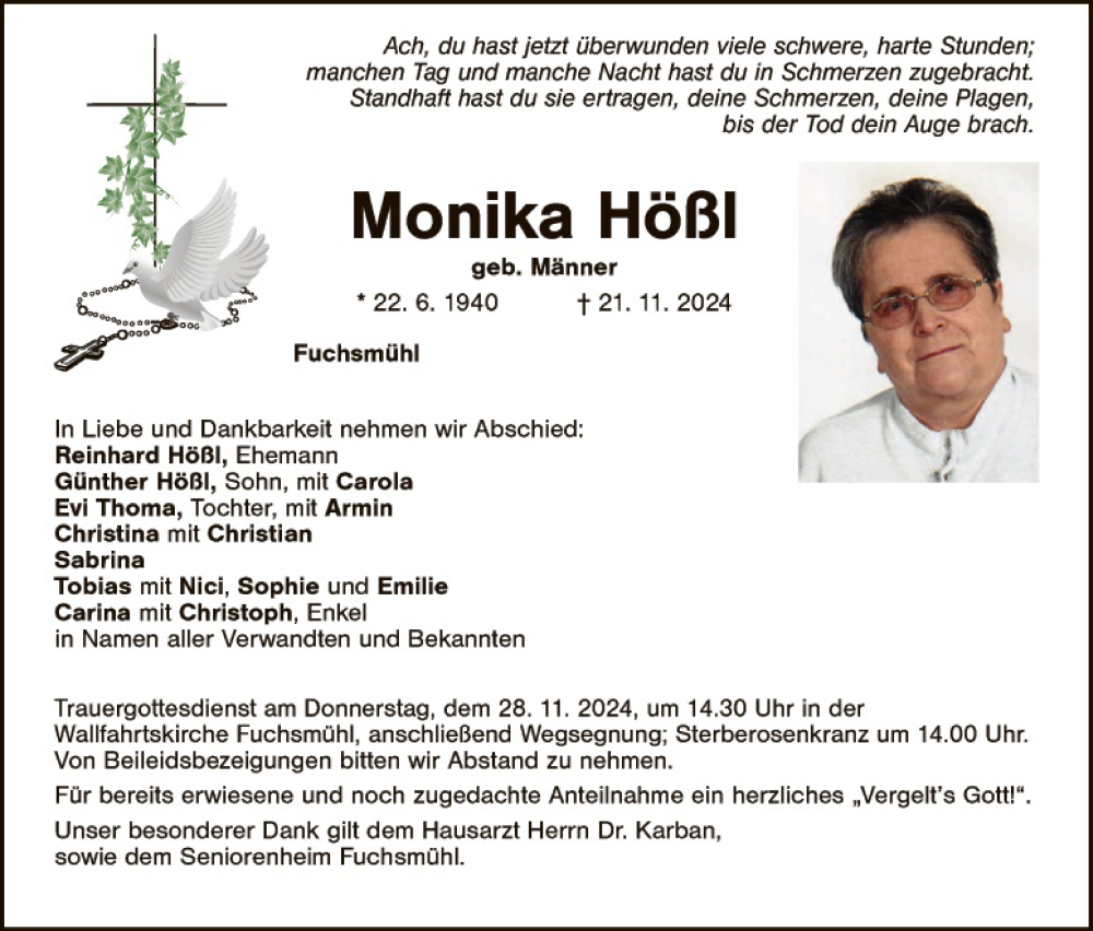  Traueranzeige für Monika Hößl vom 23.11.2024 aus Tirschenreuth + Eschenbach - Kemnath - Erbendorf