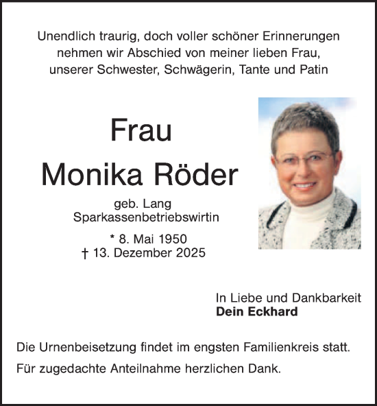 Traueranzeige von Monika Röder von Hauptausgabe Amberg