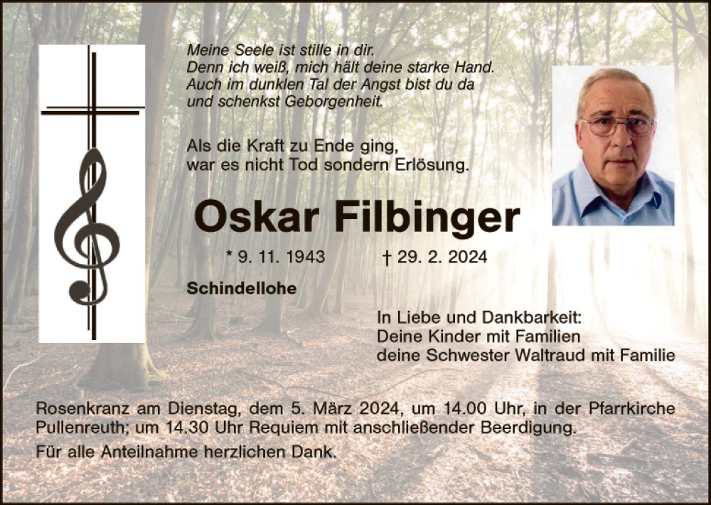  Traueranzeige für Oskar Filbinger vom 02.03.2024 aus Tirschenreuth + Eschenbach - Kemnath - Erbendorf