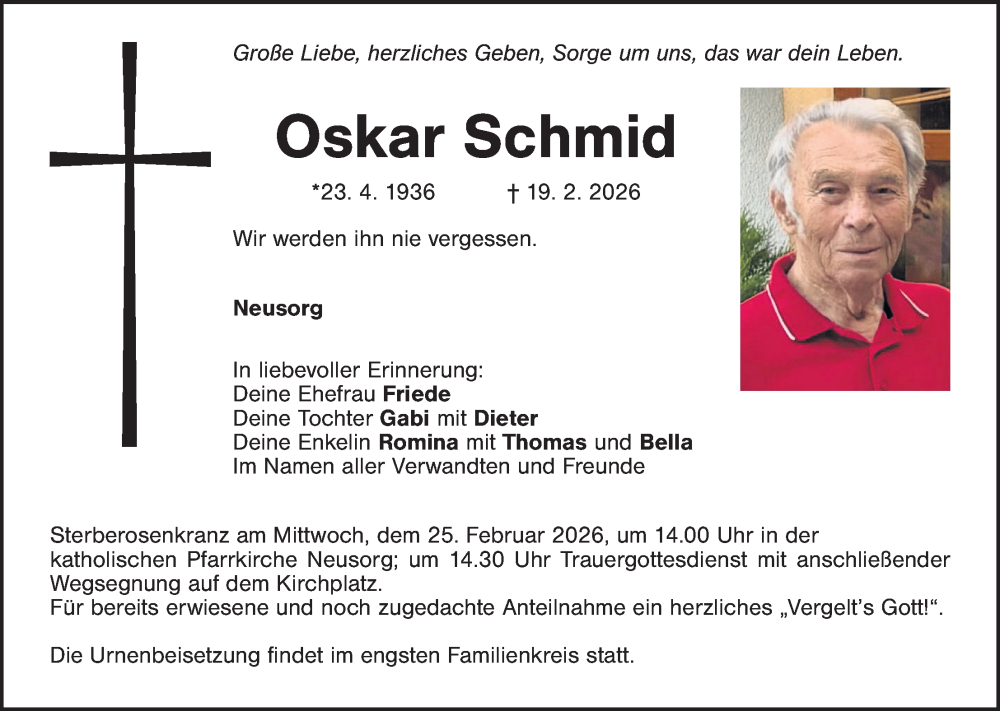  Traueranzeige für Oskar Schmid vom 24.02.2026 aus Tirschenreuth + Eschenbach - Kemnath - Erbendorf