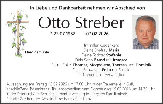 Traueranzeige von Otto Streber von Hauptausgabe Amberg