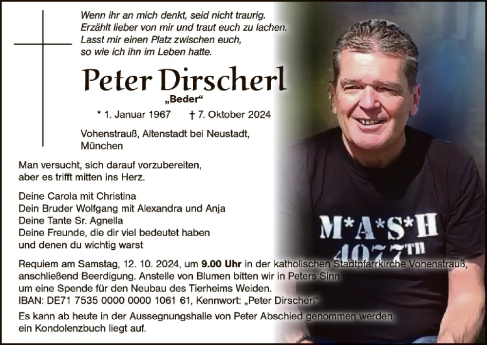  Traueranzeige für Peter Dirscherl vom 10.10.2024 aus Hauptausgabe Weiden