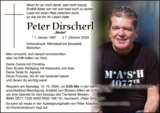 Traueranzeige von Peter Dirscherl von Hauptausgabe Weiden