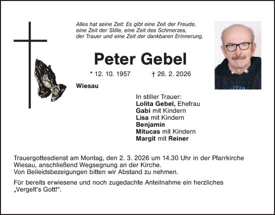 Traueranzeige von Peter Gebel von Tirschenreuth + Eschenbach - Kemnath - Erbendorf