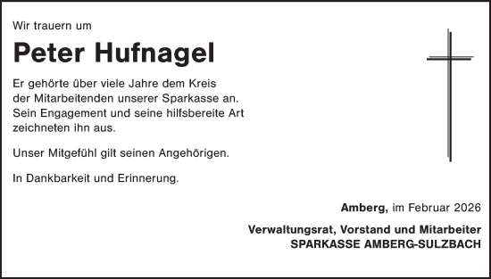 Traueranzeige von Peter Hufnagel von Hauptausgabe Amberg