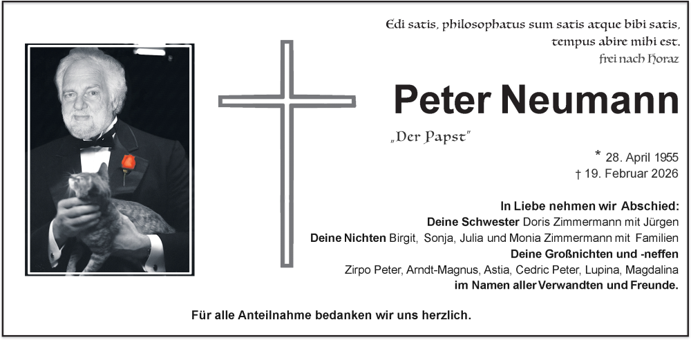  Traueranzeige für Peter Neumann vom 21.02.2026 aus Hauptausgabe Weiden