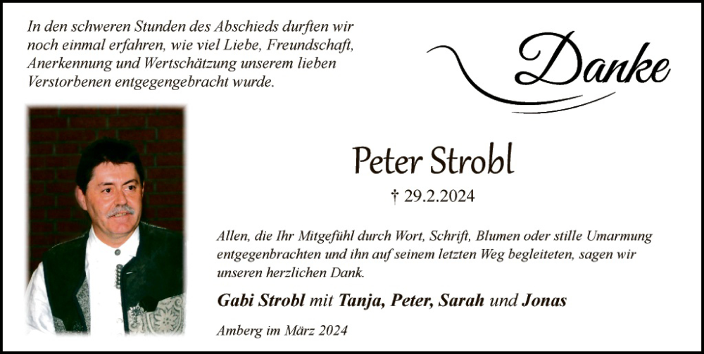  Traueranzeige für Peter Strobl vom 23.03.2024 aus Hauptausgabe Amberg