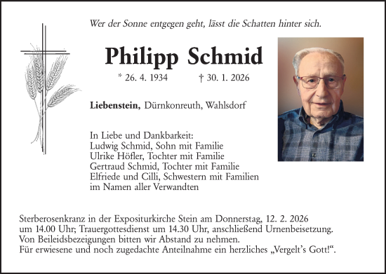 Traueranzeige von Philipp Schmid von Tirschenreuth + Eschenbach - Kemnath - Erbendorf