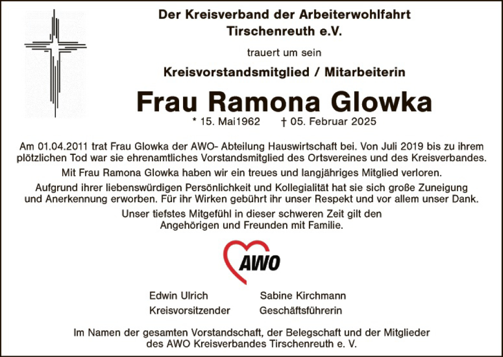  Traueranzeige für Ramona Glowka vom 15.02.2025 aus Tirschenreuth